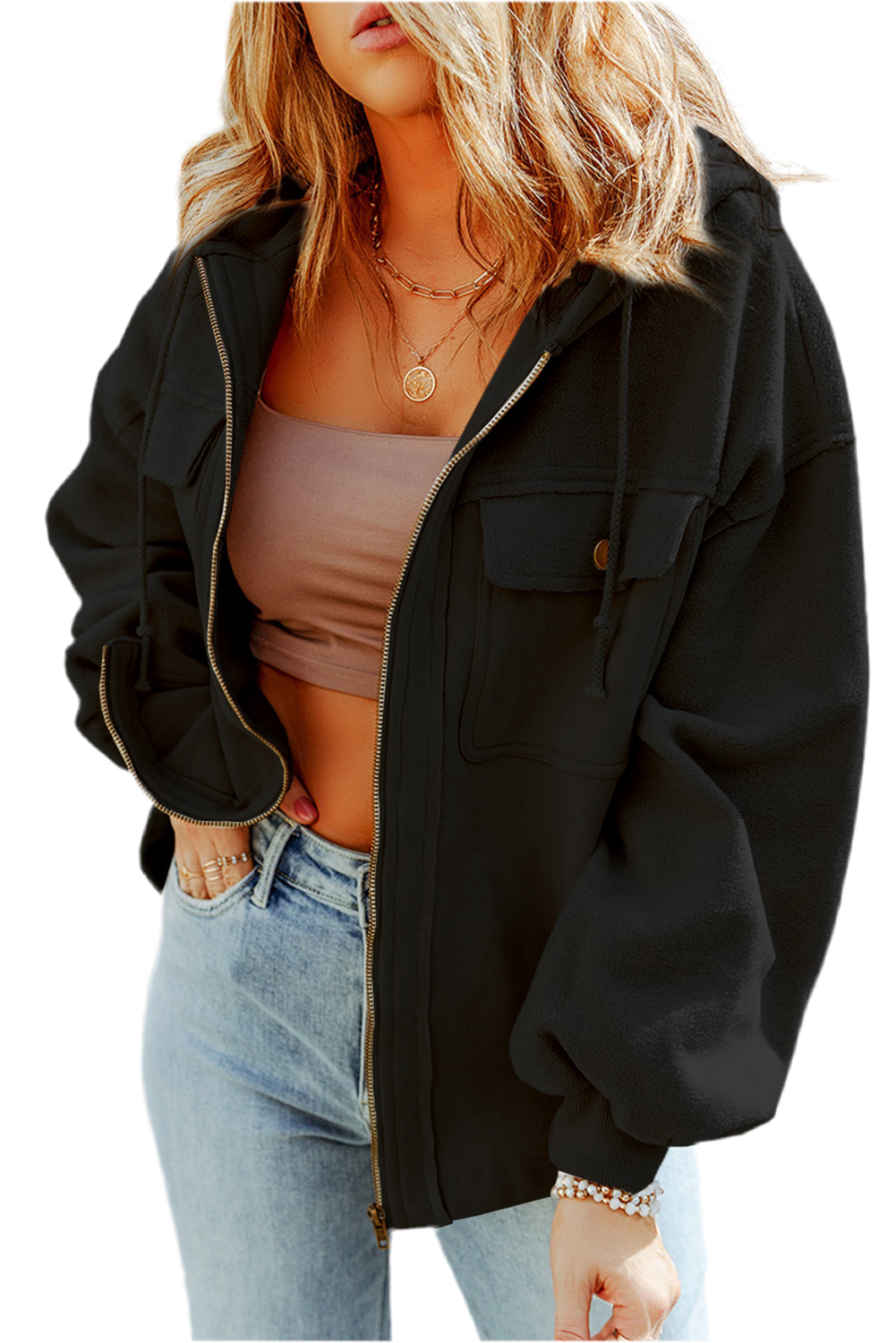 Zip-Up Drawstring Hooded Jacket